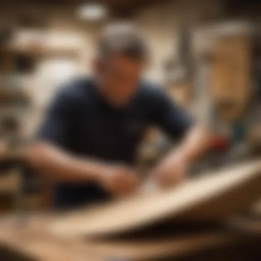 An artisan shaping a surfboard with precision tools