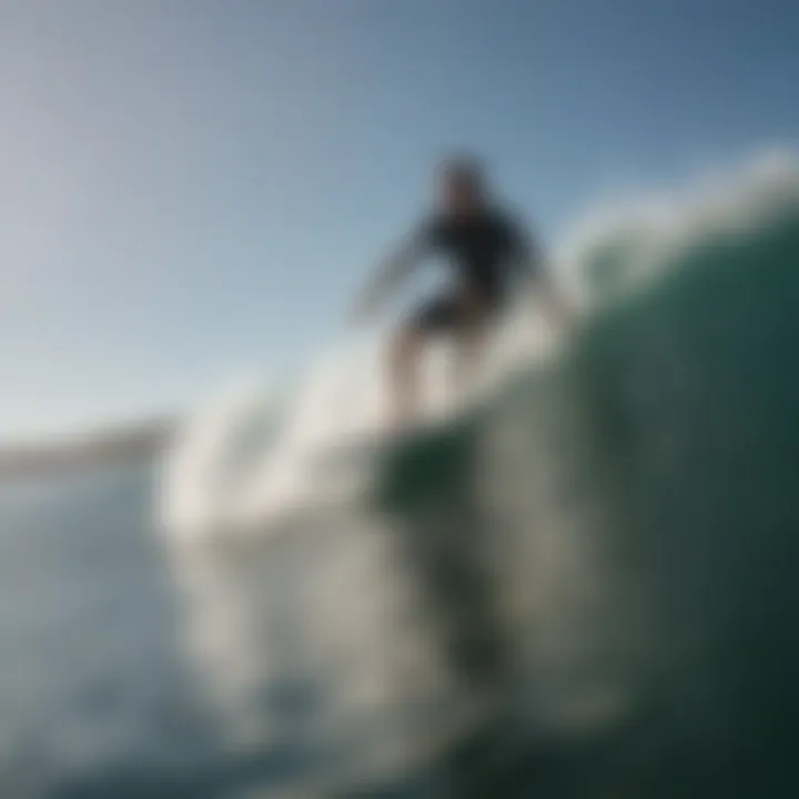 A surfer riding a wave on an AJW surfboard