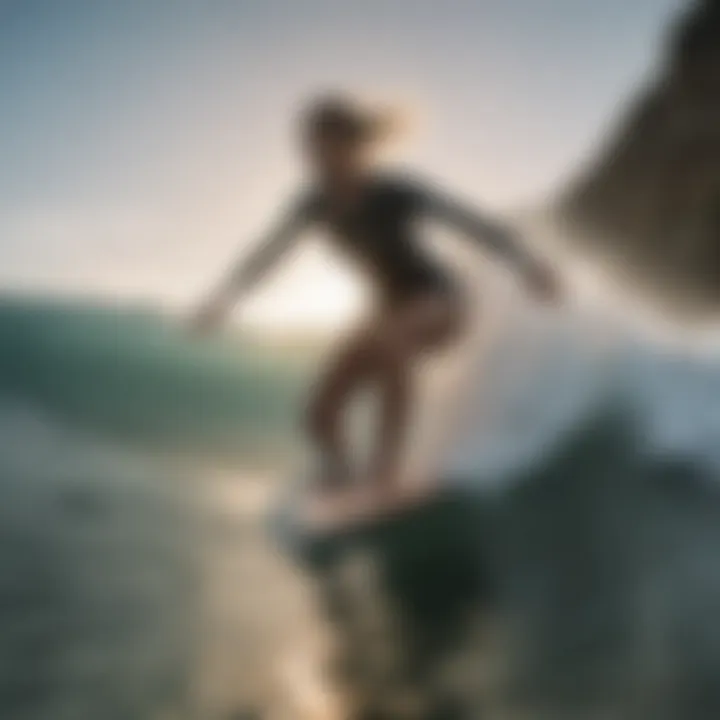 A female surfer riding a wave with confidence