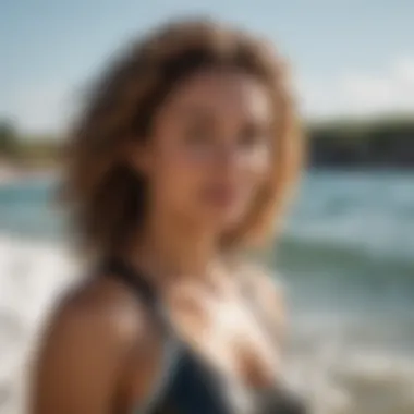 A scenic beach setting showcasing a person enjoying water sports with healthy curls