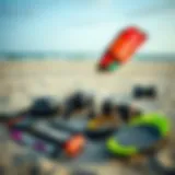 Beginner kiteboarding setup with gear laid out on the beach