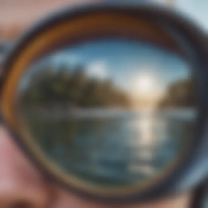 Close-up of goggle lens showing water reflection