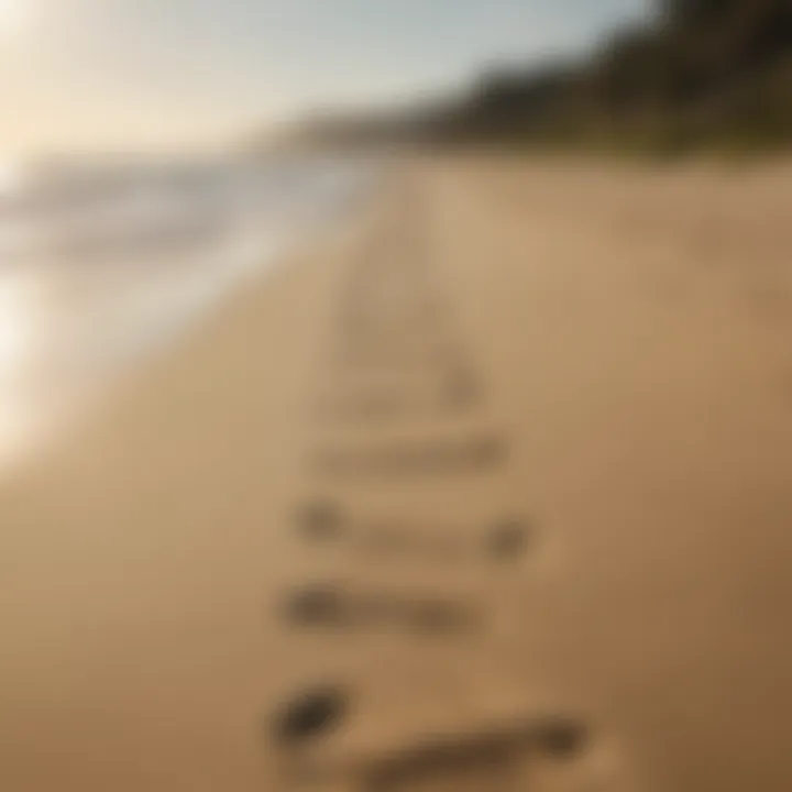 Footprints in the sand leading towards the ocean