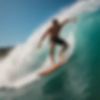 An aerial view of skimboarding on a vibrant wave