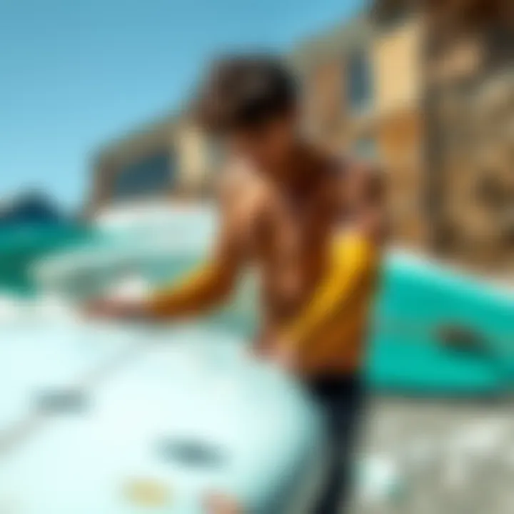 Beginner surfer selecting a surfboard