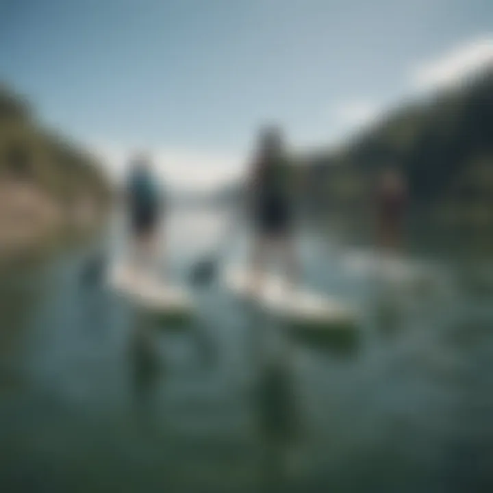 A group of paddle boarders exploring diverse water conditions