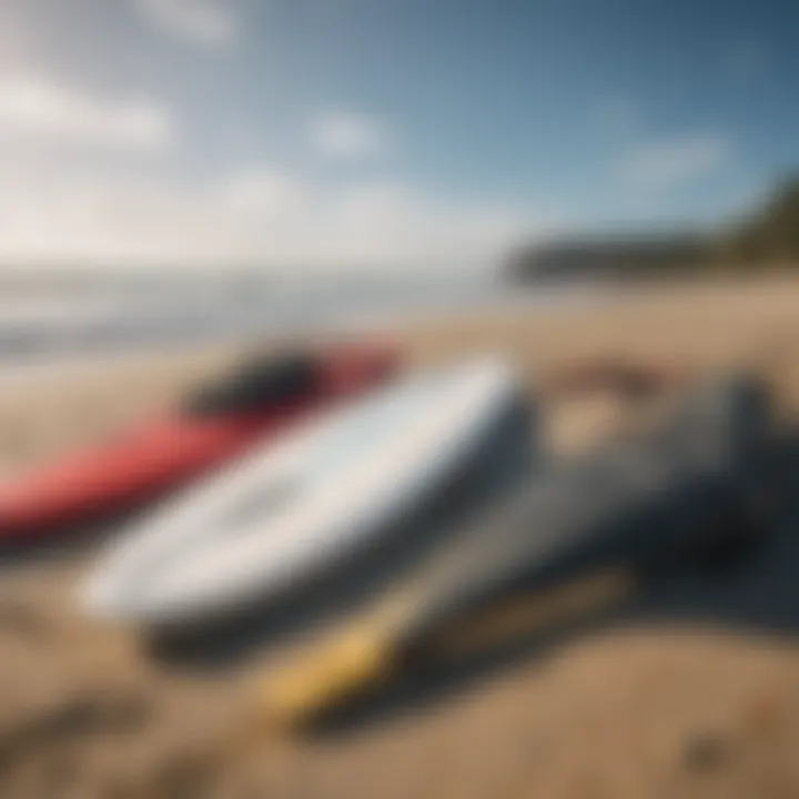 Surfing gear laid out on the beach