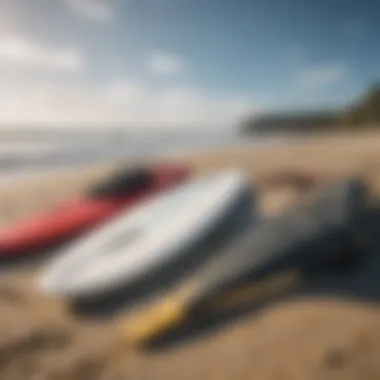 Essential Surfing Equipment Surfing gear laid out on the beach