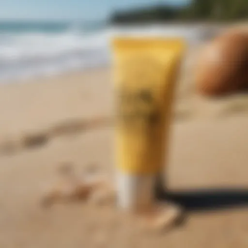 Close-up of Sun Bum Coconut Lip Balm on a sandy beach