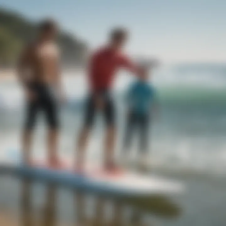 An instructor guiding a student on proper surfing techniques