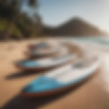 An array of paddleboards lined up on a sandy beach