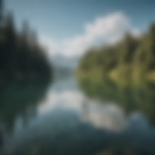 Serene lake view with a paddleboarder gliding across the water