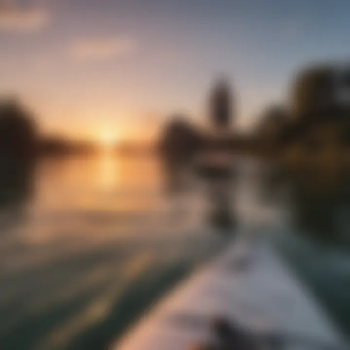 A picturesque sunset view from a paddleboard perspective