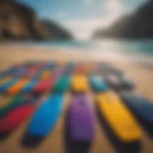 A vibrant display of various bodyboards arranged on a sandy beach.