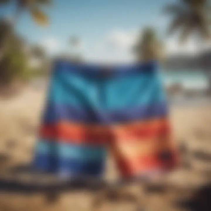 Vibrant boardshorts displayed on a beach backdrop