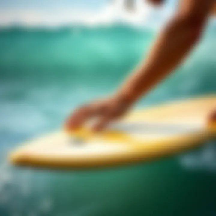 Custom wax being applied on a surfboard, enhancing performance.