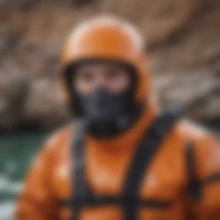 Close-up of the drysuit's buoyancy features, highlighting its safety aspects and user-friendly design.