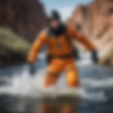 A dynamic action shot of an athlete wearing the Atacama Sport Drysuit in turbulent waters, demonstrating its performance capabilities.