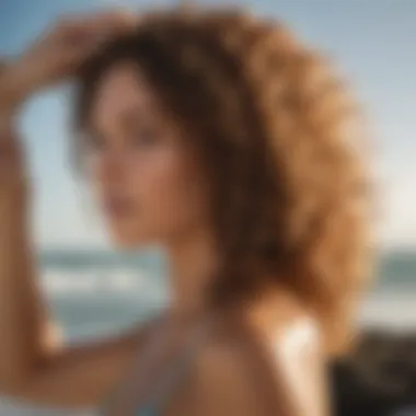 Close-up of conditioner being applied to curly hair with sunlight reflecting off the water