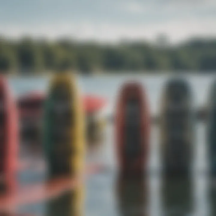 A close-up view of various wakeboards lined up, showcasing different sizes and shapes.