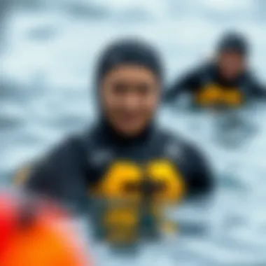 Individual wearing a dry suit in cold waters