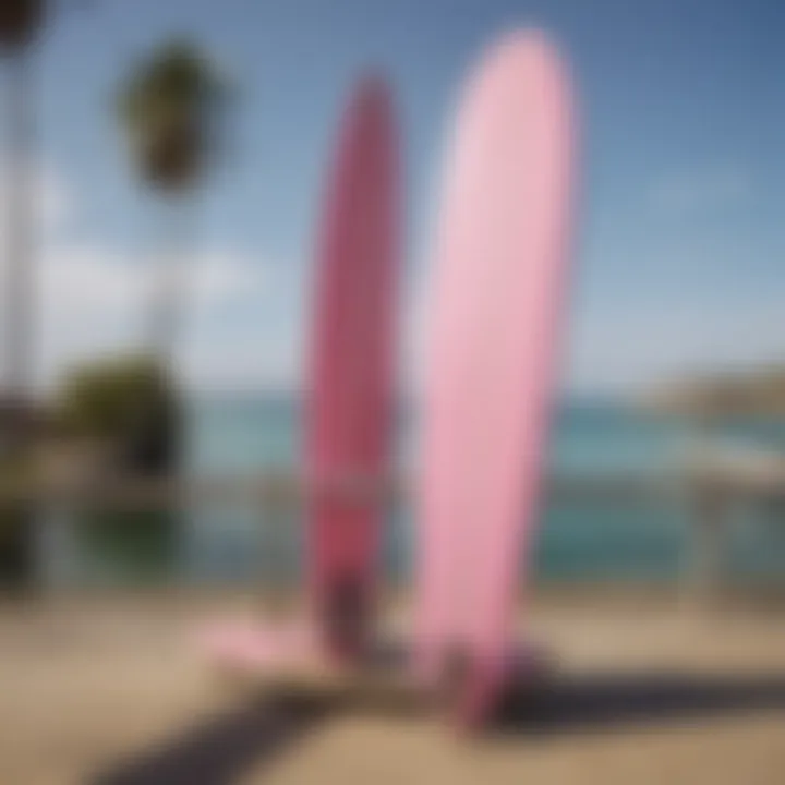 A pink longboard on a surfboard rack, symbolizing style and functionality.