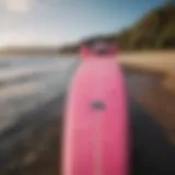 A vibrant pink longboard against a scenic ocean backdrop.