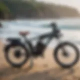 A sleek eBike with a surf rack attached, parked near the ocean.