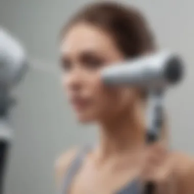 A person holding a hairdryer at a safe distance from the ear