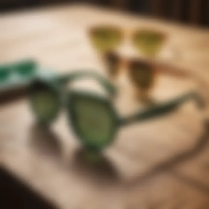 Diverse selection of emerald green sunglasses displayed on a wooden table