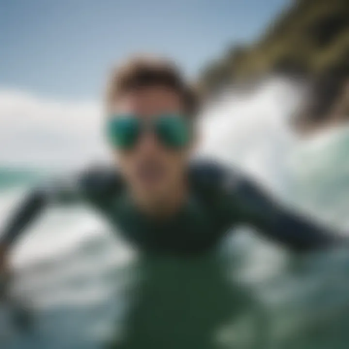 Athlete wearing emerald green sunglasses while surfing