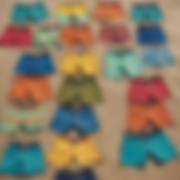 A colorful array of board shorts displayed on a sandy beach