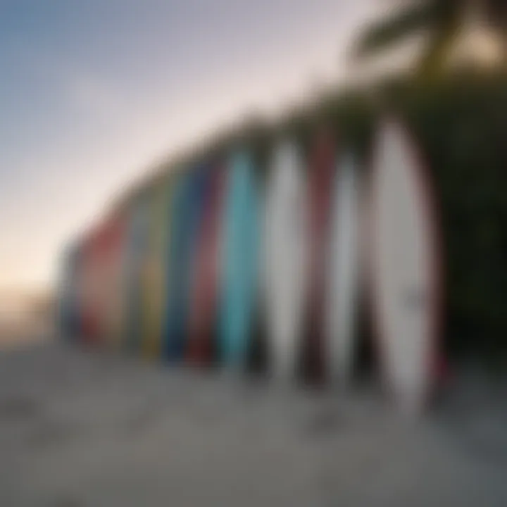 Surfboards lined up on the sandy shore of Cocoa Beach