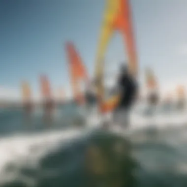 A vibrant community of windsurfers sharing tips and experiences at a beach.