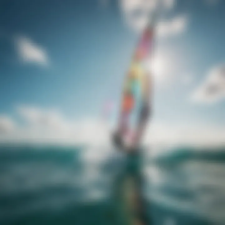 A windsurfer gliding over crystal-clear waters with colorful sails.