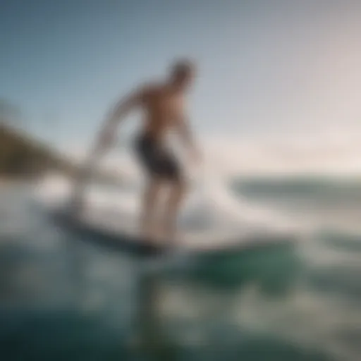 A surfer practicing on a surf treadmill, showcasing balance and technique