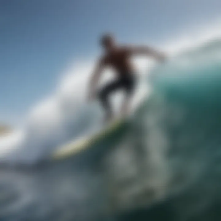 A surfer riding a wave on a fiberglass board