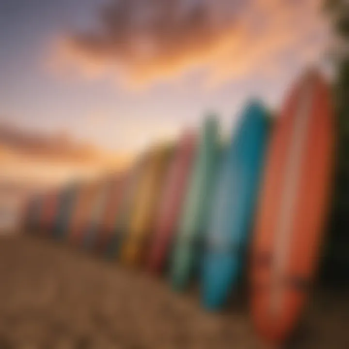 Colorful surfboards lined up on the beach at sunset