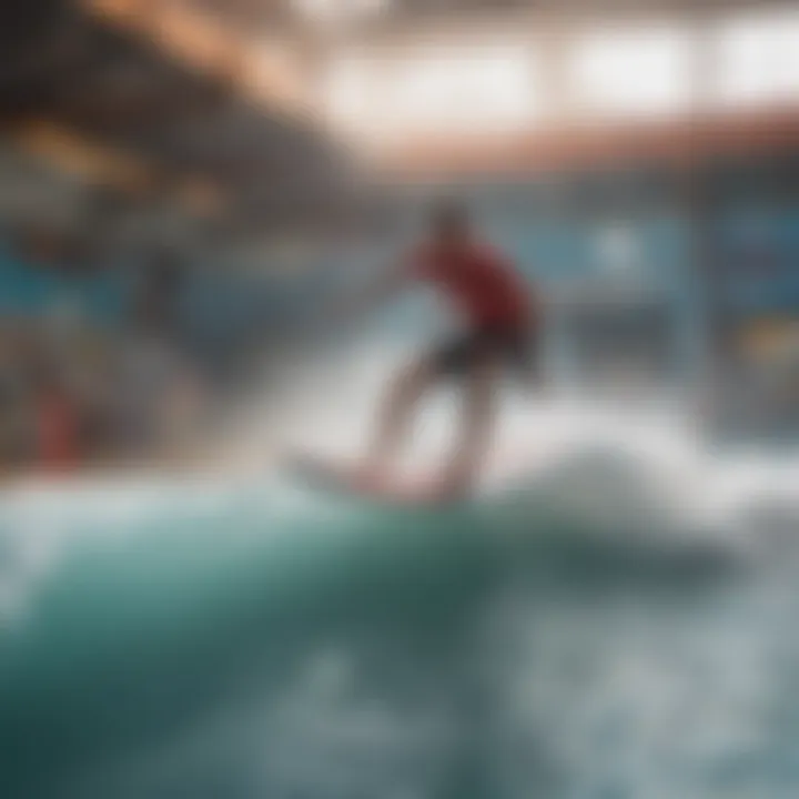 A vibrant indoor surfing facility filled with enthusiasts