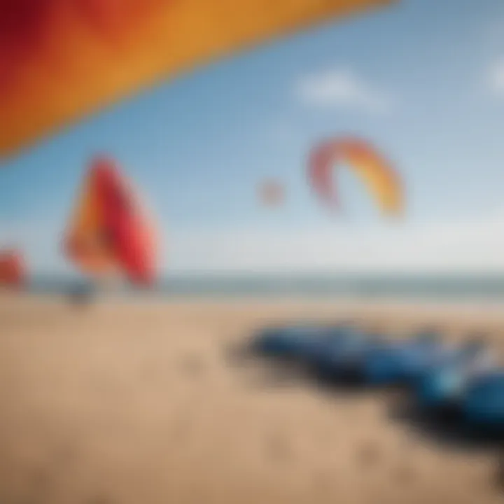 A group of inflatable kites on a beach ready for use