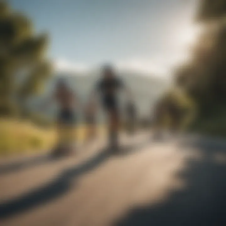 A group of longboarders riding together in a picturesque setting, showcasing the community aspect of the sport