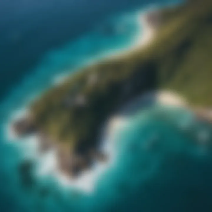 Aerial view of a stunning island surrounded by clear blue waters