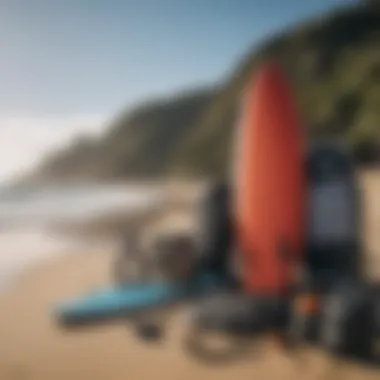 Close-up of surfboards and water sports equipment set up on the beach