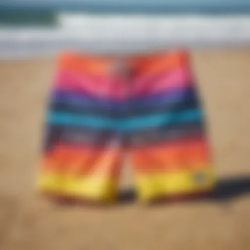 Vibrant neon boardshorts displayed on a sandy beach