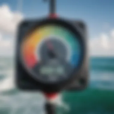 A close-up of a portable wind meter measuring wind speed during a kitesurfing session