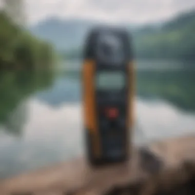 A sleek portable wind meter displayed against a backdrop of a serene lake