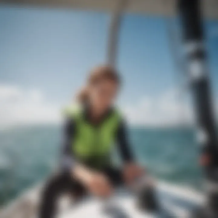 An enthusiastic watersport enthusiast using a portable wind meter on a sailboat