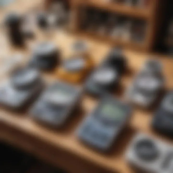 A variety of portable wind meters arranged on a wooden table at a watersport shop