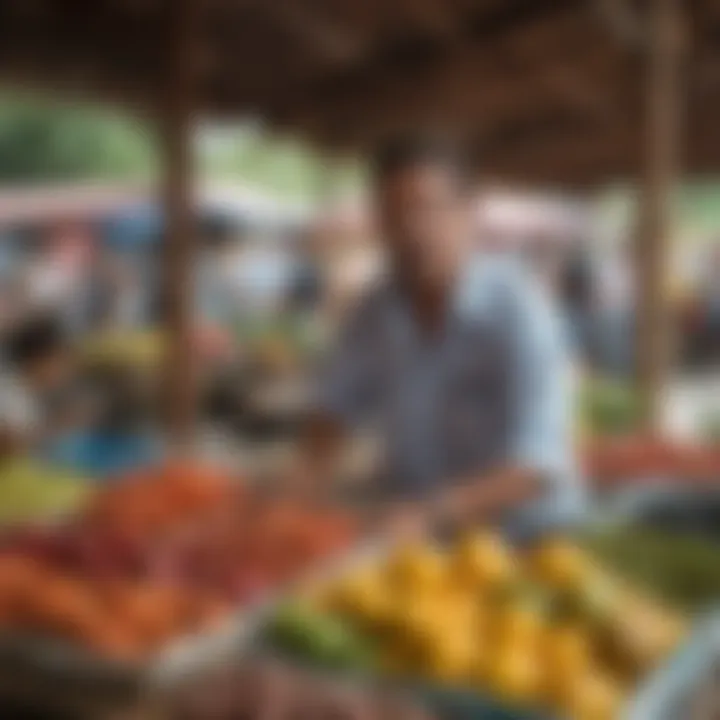 Traditional market showcasing local seafood and vibrant fruits