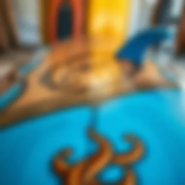 Detail of surfboard craftsmanship showcasing intricate designs